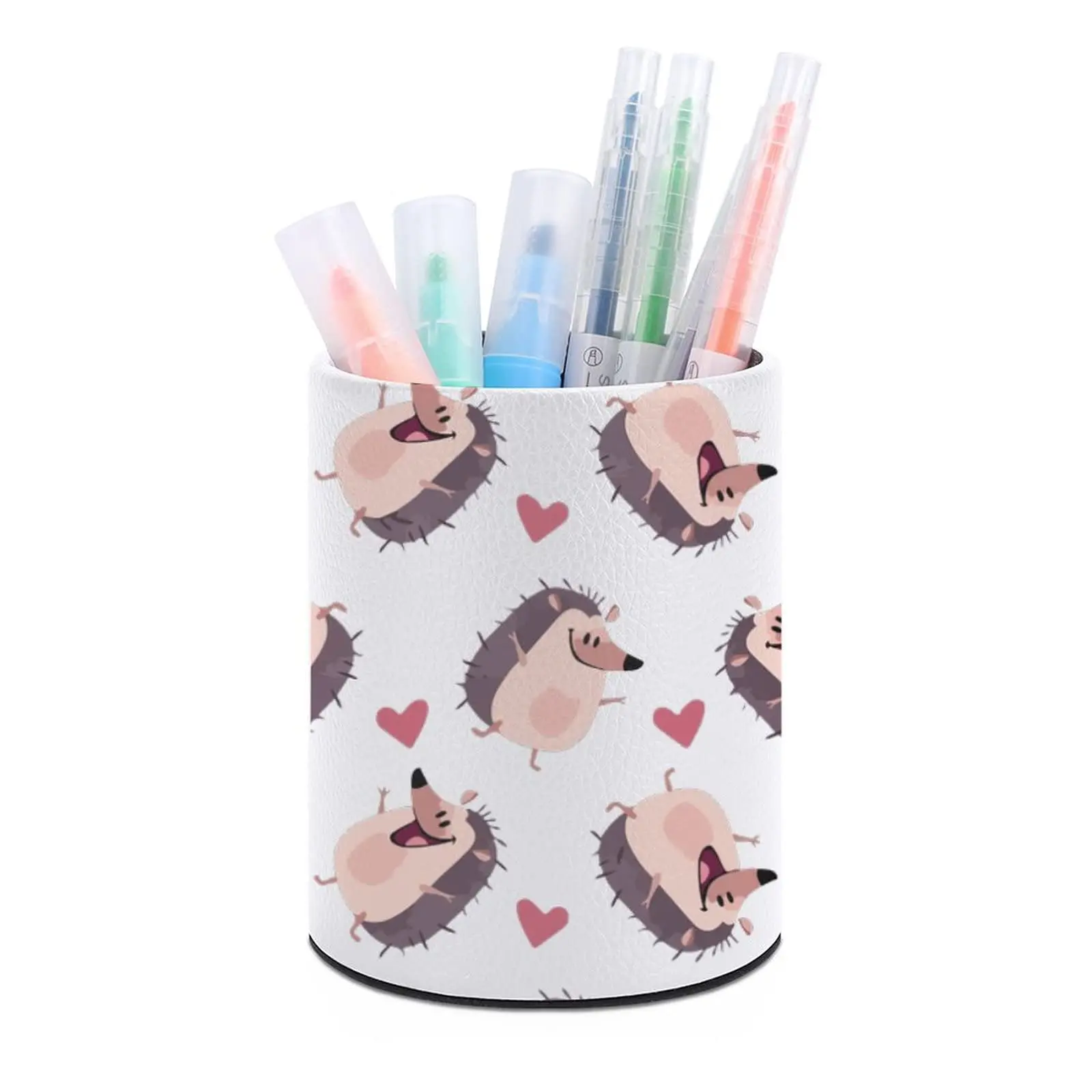 Cute Watercolor Hedgehogs Round Pen Holder PU Leather Pencil Holders Pens Organizer Pencils Cup Stand for Desk Makeup Brush Box