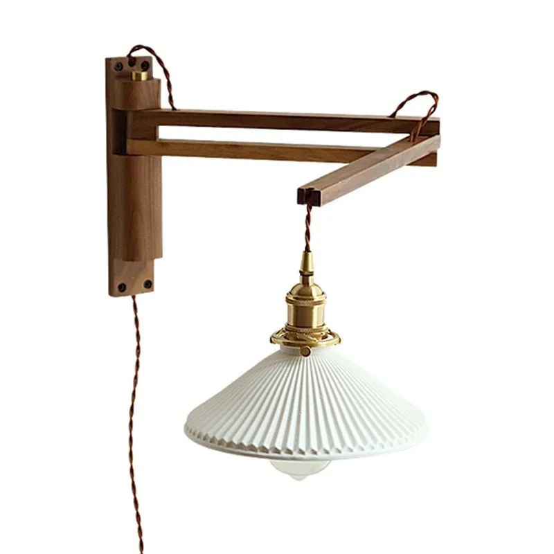 Solitary wind telescopic folding retractable wall lamp Bedroom bedside cable-free displaceable wooden rocker arm lamp LED