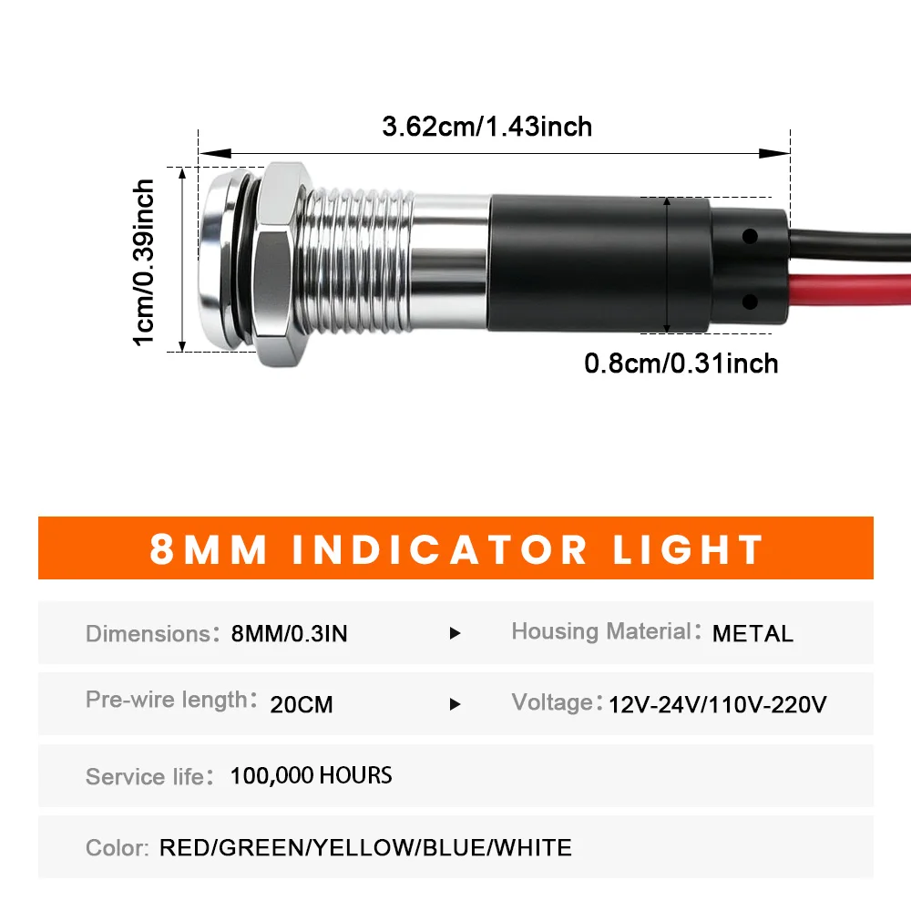 FILN 5PCS 8mm IP67 Waterproof Indicator Light LED Metal Signal Lamp 12V-24V 110V-220V Panel Mount for Car Boat Industrial Device