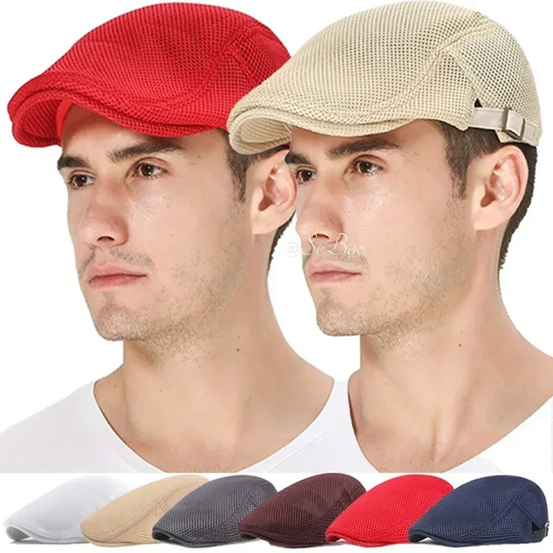 Sumemr Man Berets Mesh British Vintage Flat Caps Gatsby Male Solid Color Gray Black Spring Autumn Berets Adjustable Driver Hats