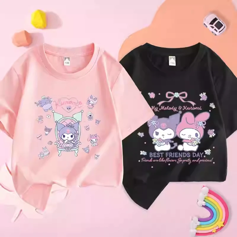 

Cute Kuromi Short Sleeved T-shirt Pure Cotton Girls' Top 2025 Summer New Mid Size Children's Half Sleeved Stylish Base T