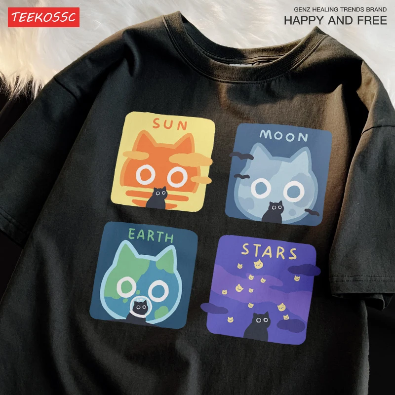 Astronomiczny kot potrójny letni luźny T-shirt z krótkim rękawem mężczyźni kobiety styl japoński męska czysta bawełna słońce księżyc ziemia koszulka