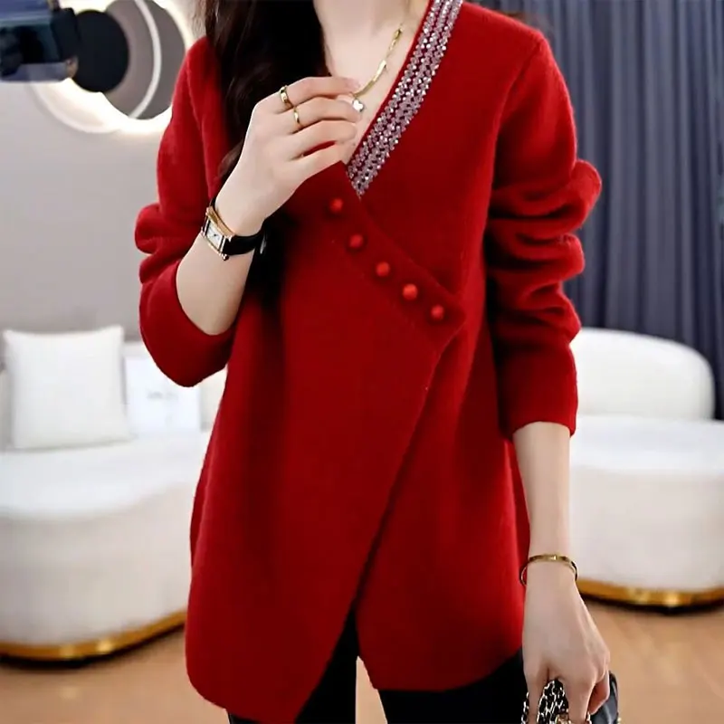 Fashion Sequined Button Jumpers Women\'s Clothing Casual Loose Asymmetrical Autumn Winter Elegant V-Neck Korean Knitted Sweaters