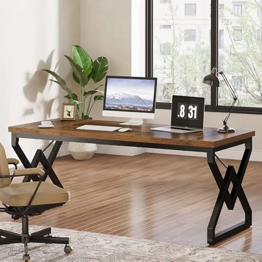 Office Desk with Extra Thickened Wooden Tabletop and Metal Frame, Large 63 Inches Computer Desk Writing Table for Home Office