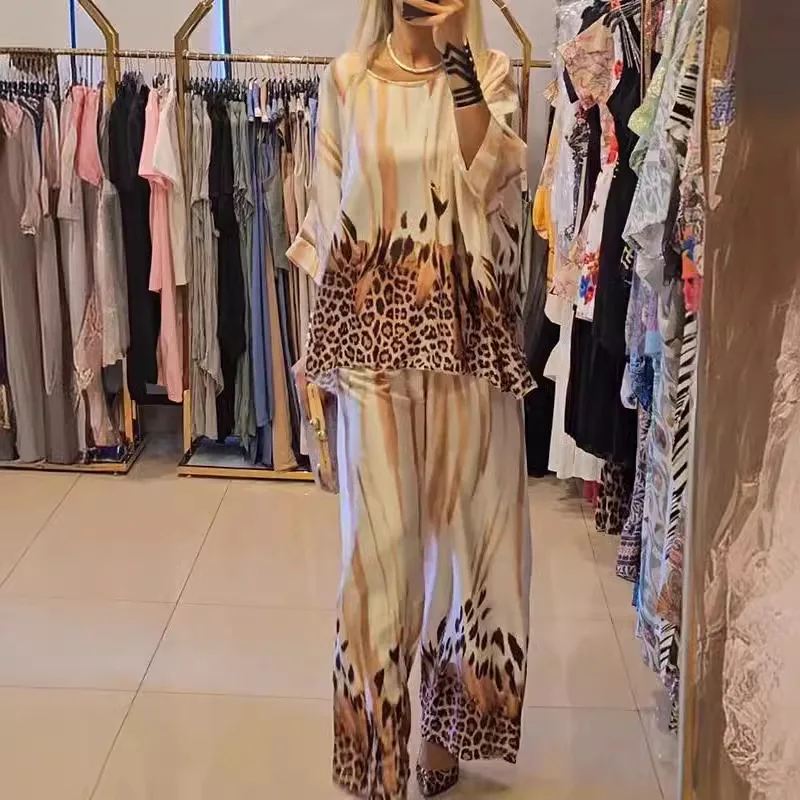 New Three Quarter Sleeve Fashion Two Pieces Sets Women Spring Summer Printing Loose Outfit Wide Leg Pants Elegant Ladies Suits