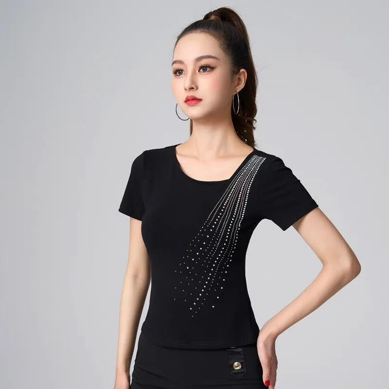 New Summer stile coreano Mesh Women Latin Tops Chic Sexy Skew Collar Shiny Ballroom Latin Dance manica corta Performance Costumes