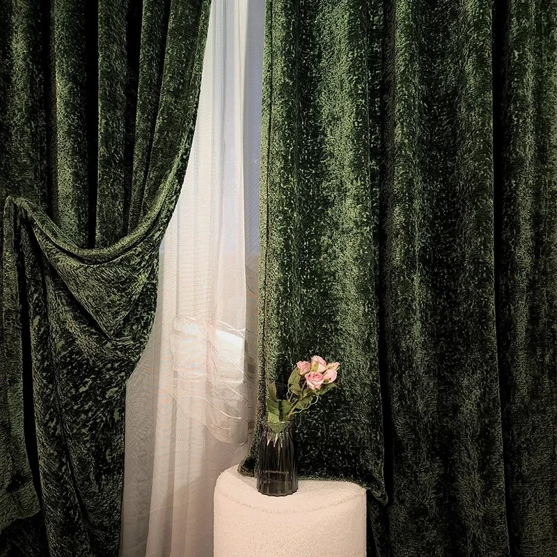 

Luxury Dark Green Chenille Curtains Thick Warm Windproof Drapes for Living Room Bedroom Villa French Window Customizable Design