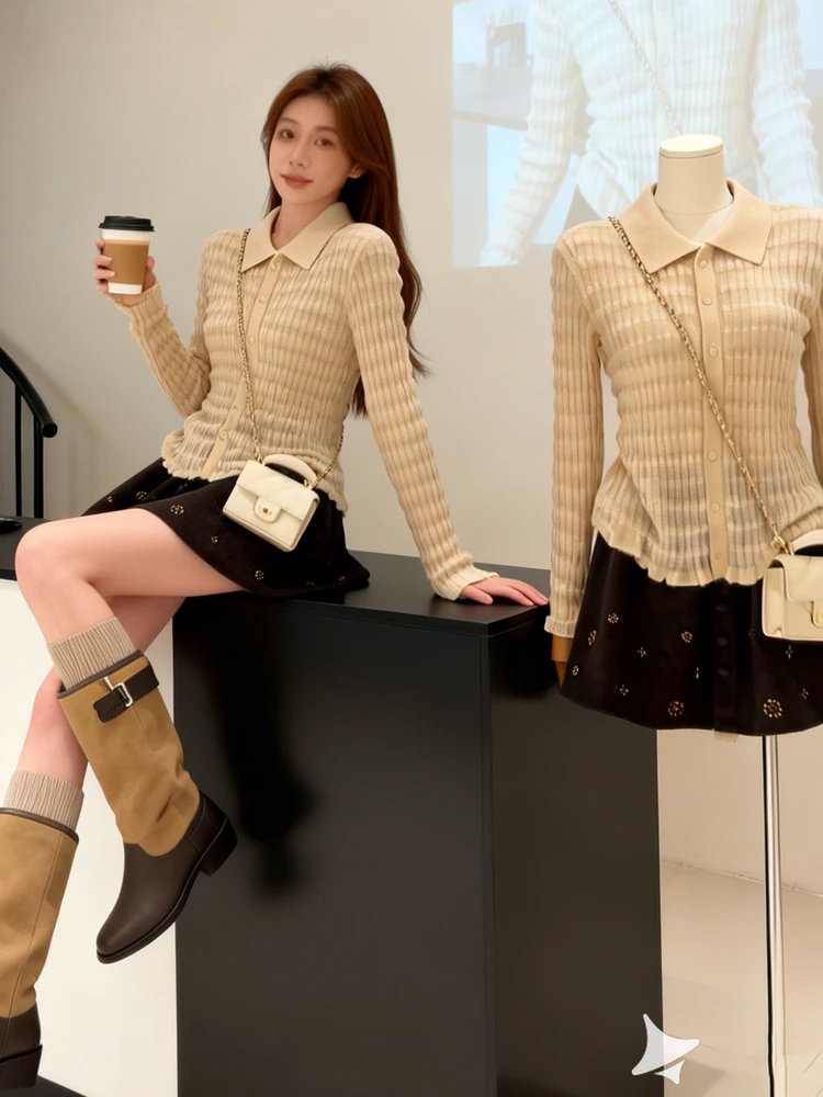 

Ele Slim Fit Knitted Print Blouse And Skirt Set for Women Long Sve Turn-down Collar Open Cardigan Sle Winter Faion