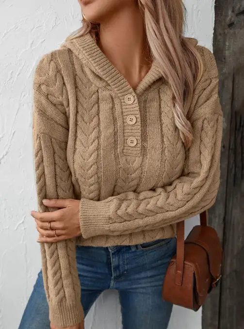 

Light drizzle hooded pullover thick sweater for women, autumn and winter vintage button plait knitted shirt top for women