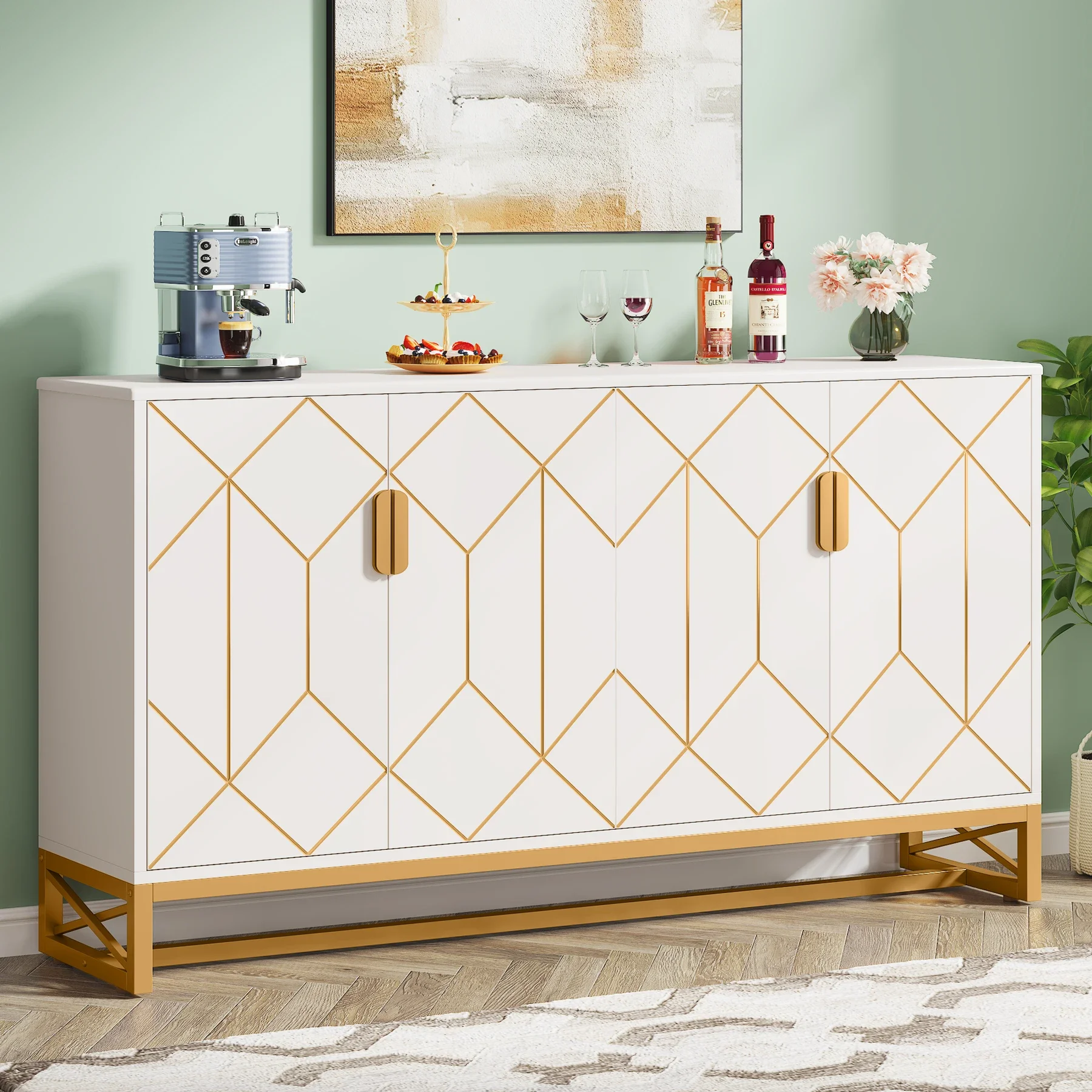 

59" White Gold Buffet Cabinet with Storage Kitchen Sideboard Storage Cabinet, 13.8"D x 59"W x 35.4"H