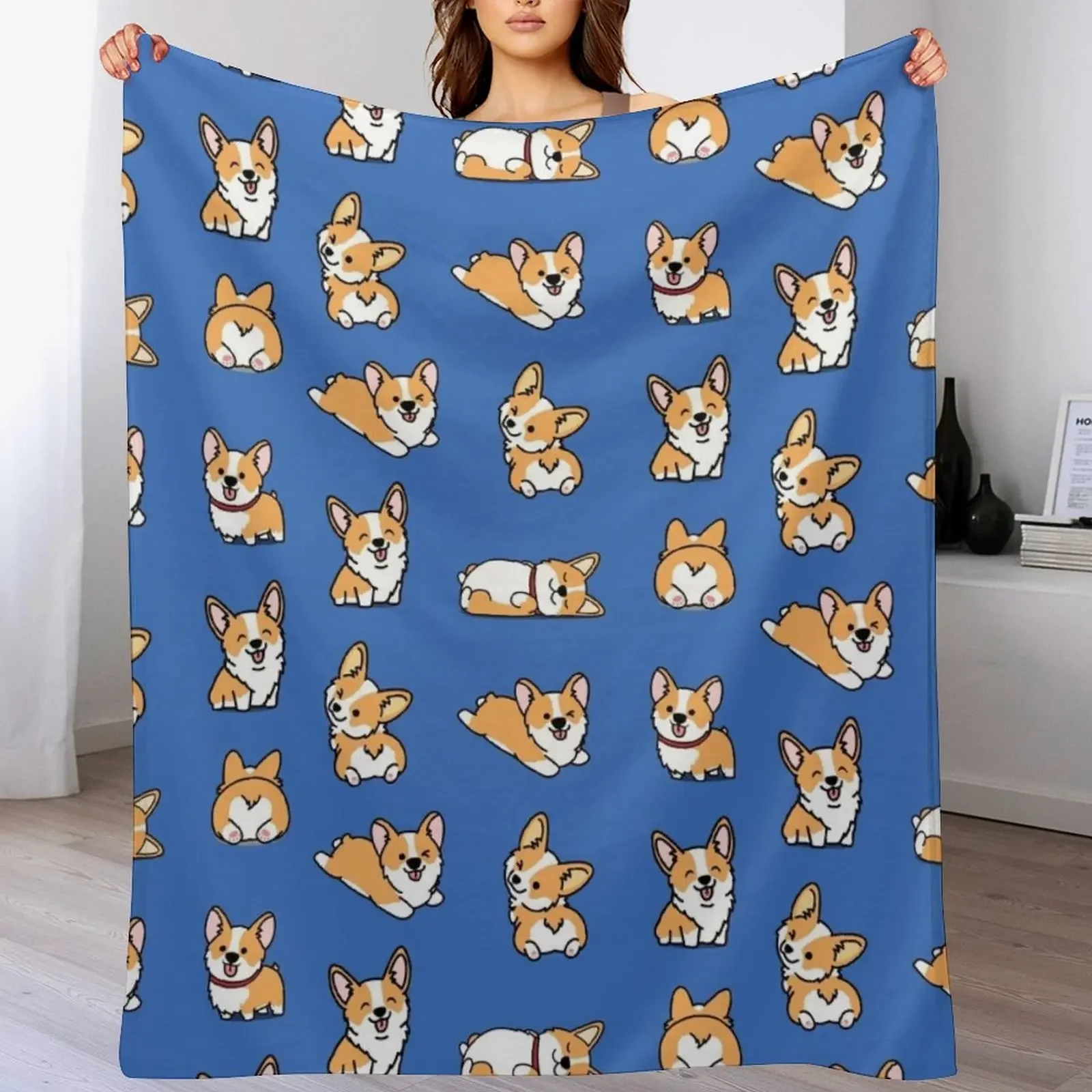 

Kawaii Corgi Throw Blanket Plaid on the sofa Personalized Gift Furry Warm Blankets