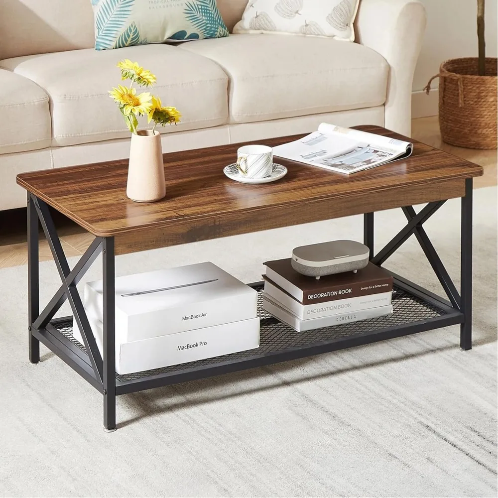 

Industrial X-Frame Coffee Table with Storage Shelf, Easy Assembly, 39 Inch Brown for Living Room Office
