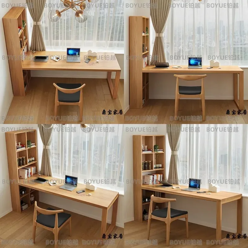 Solid Wood Desk with Bookshelf Long Study Table for Bedroom Wall Mounted Double Office Computer Workbench Reading Station