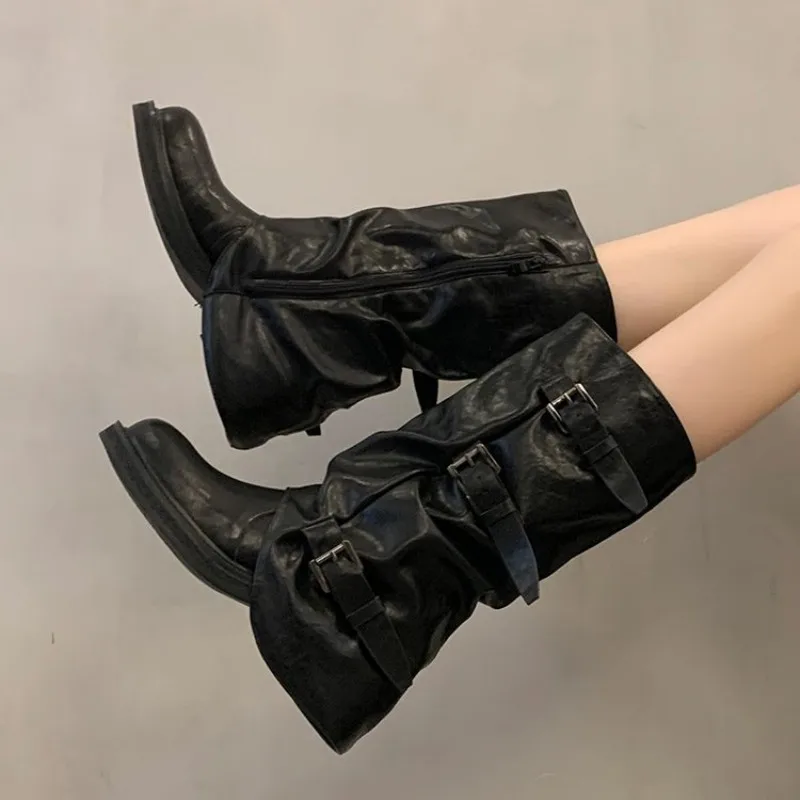 Runde Lederriemen-Schnallenstiefel für Damen - Frühjahr/Herbst neuer Stil, Retro schwarze Denim-Stiefel, Ritterstiefel, schlanke halbhohe Stiefel – Detail 7