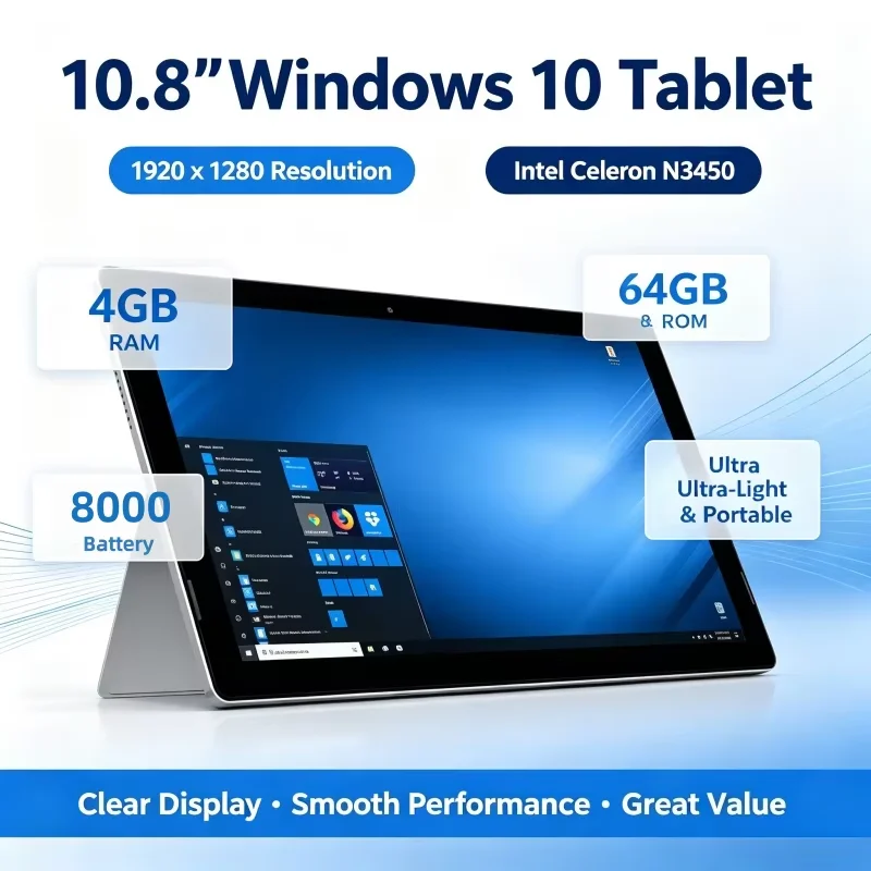 1920x1280 해상도, 10.8인치 화면, Windows 10 탑재, 4GB RAM, 64GB ROM, Intel Celeron N3450 CPU, 8000mAh 배터리, Type-C 포트 1개.