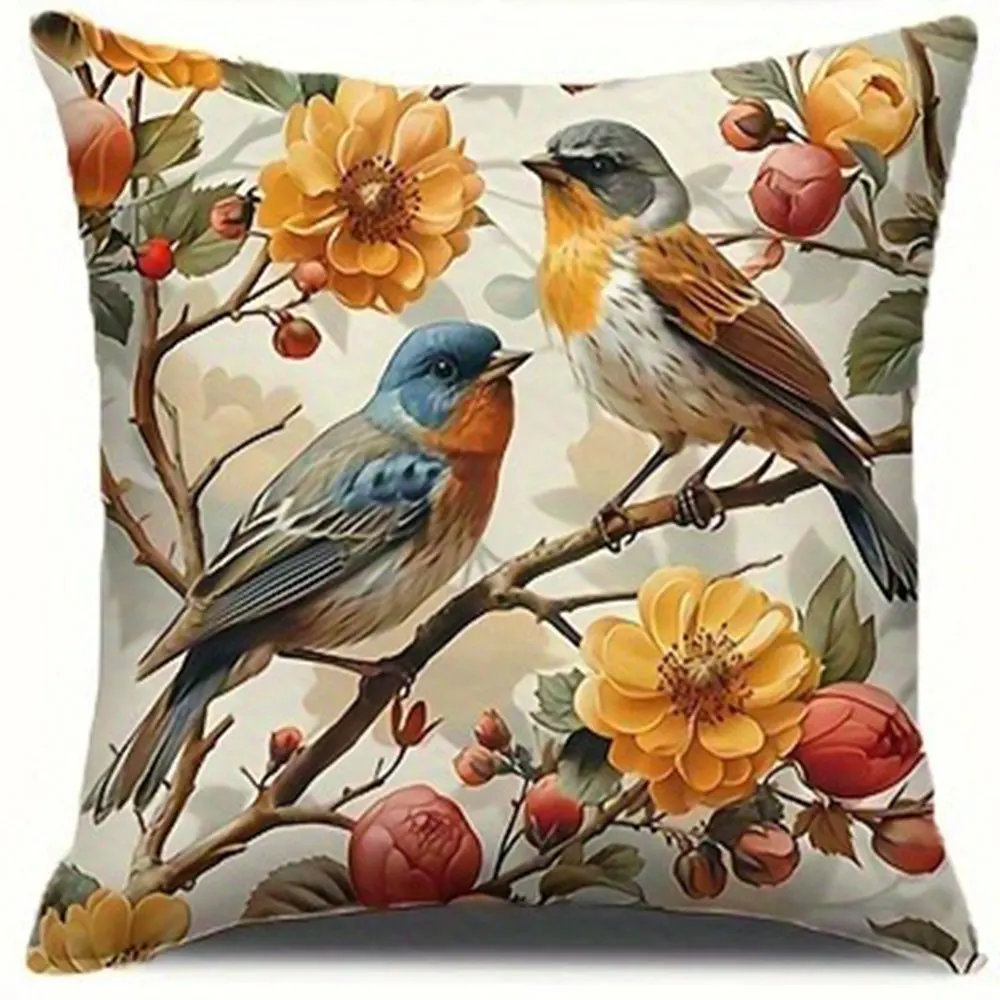 Vintage Branch Bird Print Home Decor Pillowcase Bedroom Living Room Sofa Decoration  Cushion Cover with Zipper