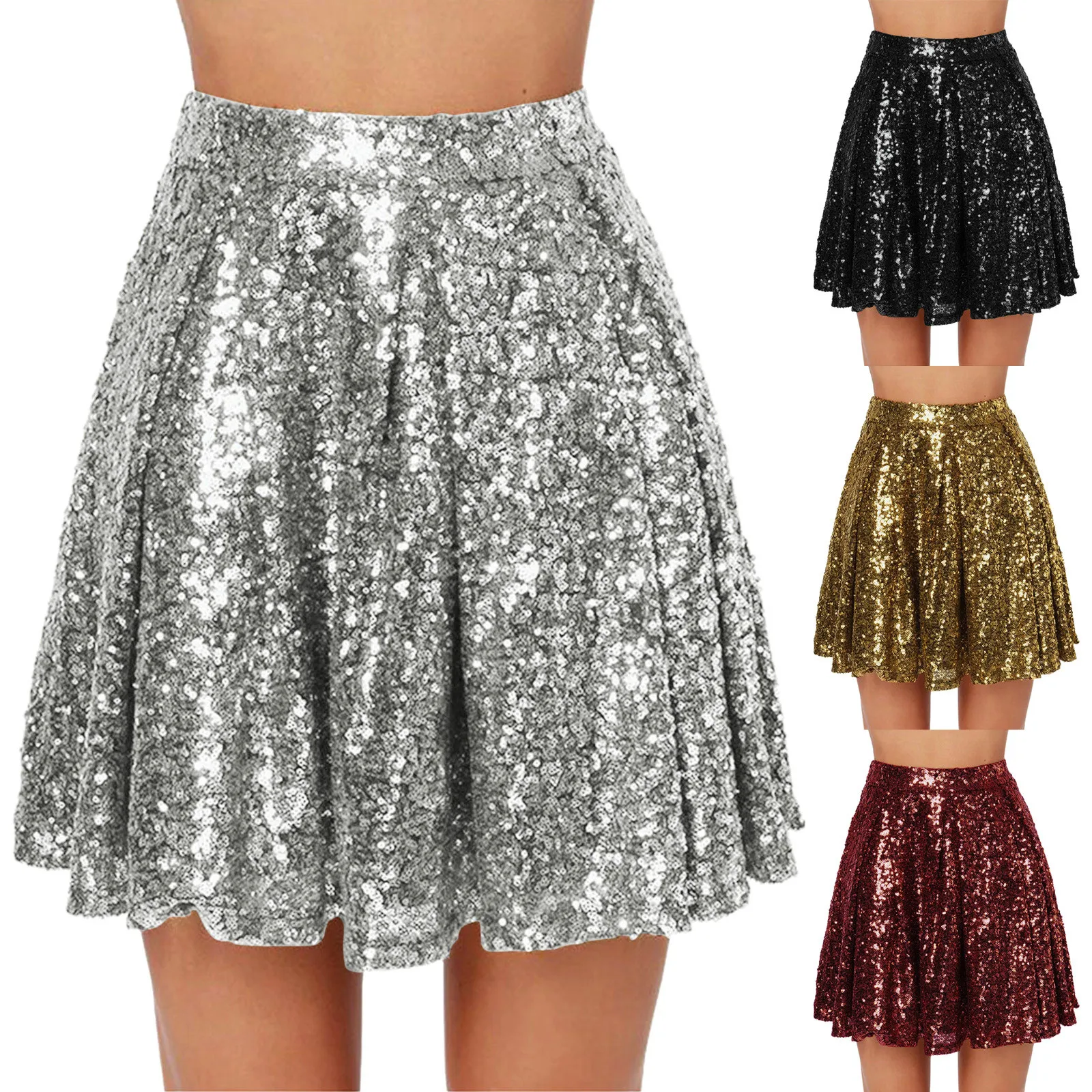 

Sequined Pleated Skirt A-line High Waisted Solid Color Mini Skirts Casual Sexy New Fashion Streetwear Summer Woman Faldas 2024