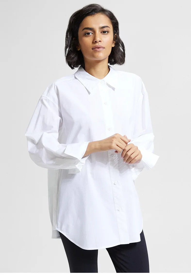

The0ry Spring/Summer Women Shirt Blouse Cotton Full Sleeve Turndown Collar Long Length Casual Single-Breasted Vintage Oversize