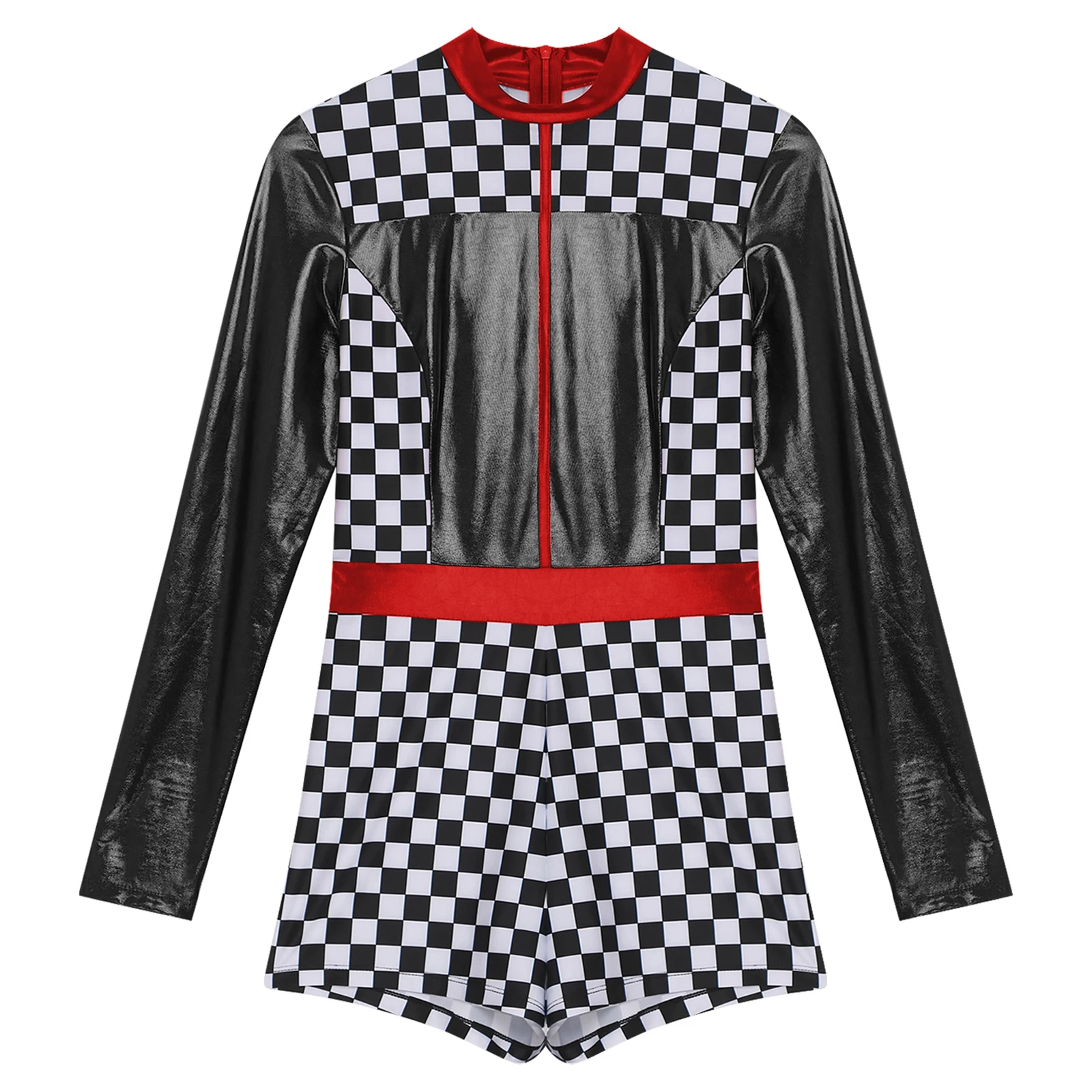 Womens Race Car Driver Cosplay Outfits Jumpsuit Racer Racing Girl Uniform Boyshorts Checkerboard Print Race Car Driver Jumpsuit