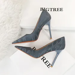 BIGTREE Sexy Classic High Heels Women Pumps Wedding Solid PU 10.5CM Thin Heels Cover Heel Office Ladies Slip on Shoes Woman