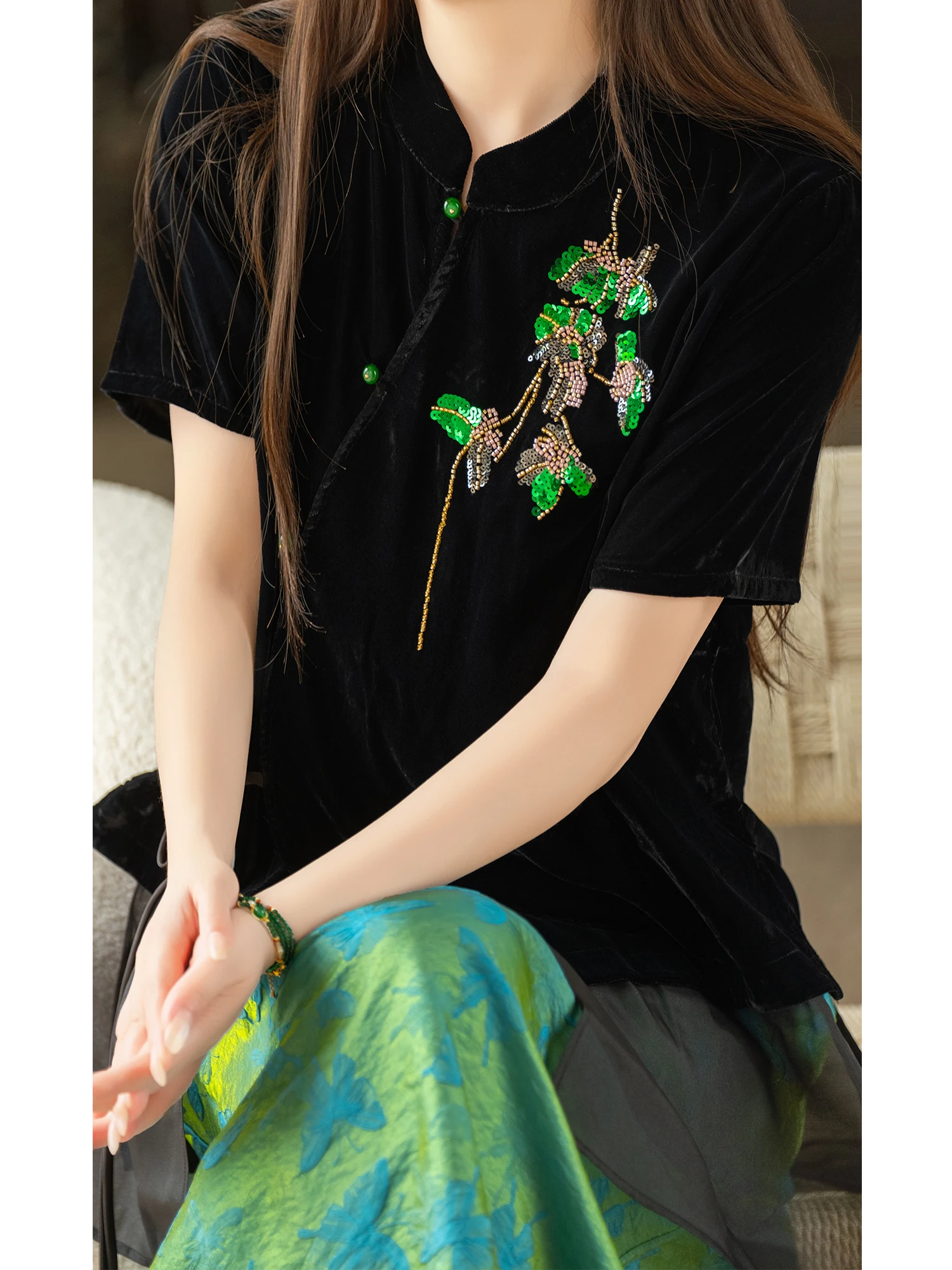 Velvet Short Sleeve Women's T-shirt with Button Embroidery Asymmetrical Hem Belted Heavy Embroidery Green Casual Loose Fit