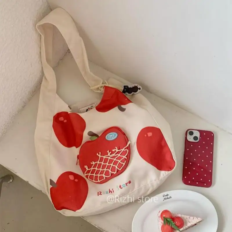 2025 New Fashion Japanese Cartoon Cute Apple Pattern Women's Bag Large Capacity Canvas Shoulder Crossbady Bag For Women Trendy