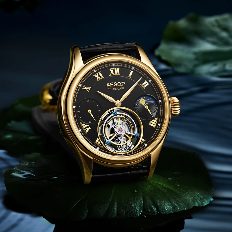 Aesop jam tangan mekanis pria, arloji Tourbillon Manual gerakan modis multifungsi Dial Stainless Steel kulit safir 7020