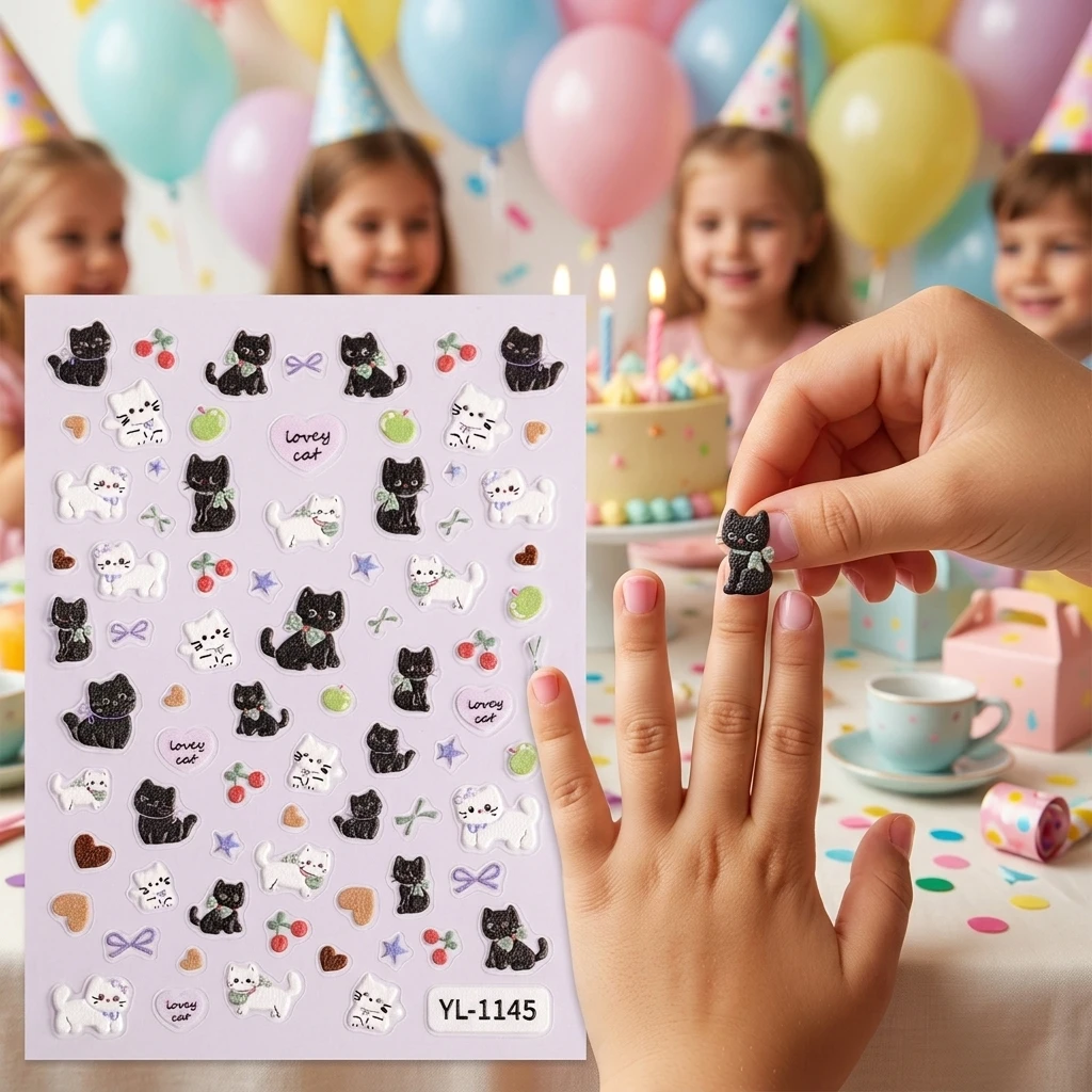 5D Cat Nail Stickers for Kids PVC Waterproof DIY Art