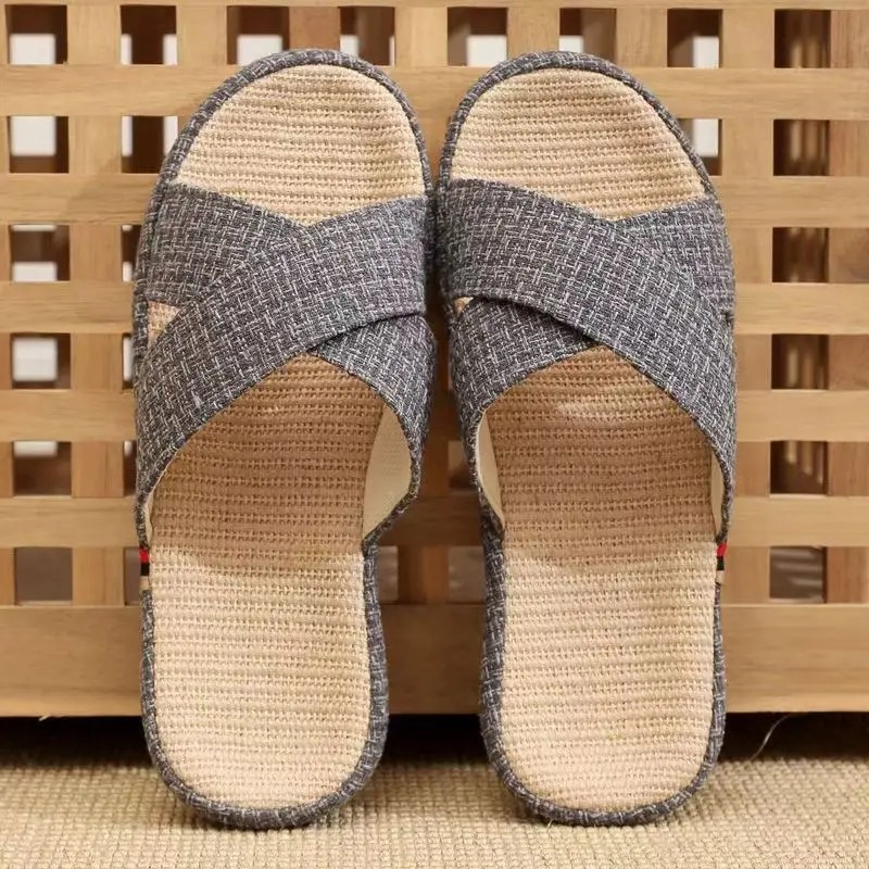 

Men's One Word Flat sole Linen Slippers Summer New Lightweight Breathable Soft Sole Non Slip Home Slippers Floor Slippers