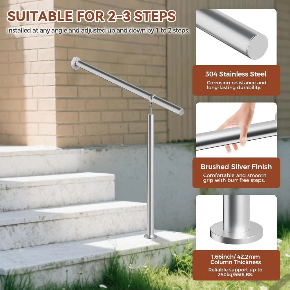 طقم درابزين خارجي من الفولاذ المقاوم للصدأ لخطوات 2-3 خطوات، 39.4 بوصة/100 سم، حاجز دعم انتقالي للخطوات #3