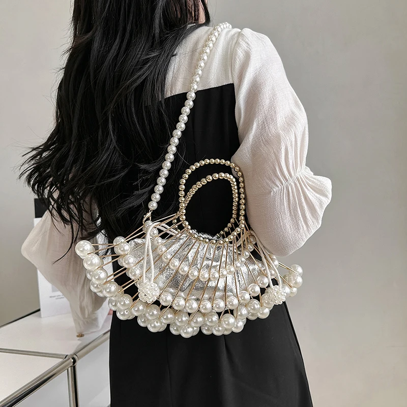 Luxury Silver Pearl Evening Clutch Bag For Women Party Wedding Designer Handbag Purse Female Hollow Out Shoulder Crossbody Bag