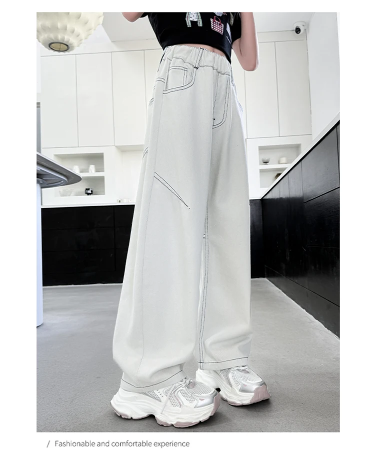 Sommerliche, dünne, einfarbige weiße Jeans im Scimitar-Stil für Teenager-Mädchen, High-Fashion-Streetwear-Hosen, lockere Jeanshose für Kinder – Detail 5