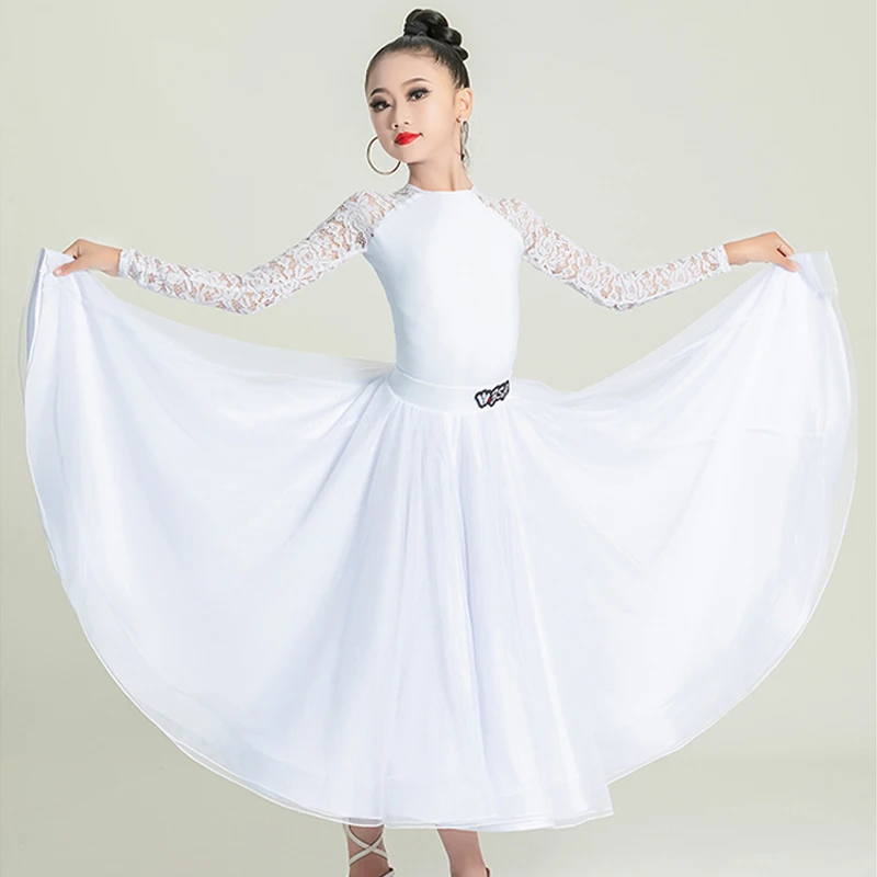 Fashion Lace Sleeved Latin Dance Dress Girls Waltz Ballroom Dance Performance Dresses Kids Samba Tango Dancing Costumes XS7609