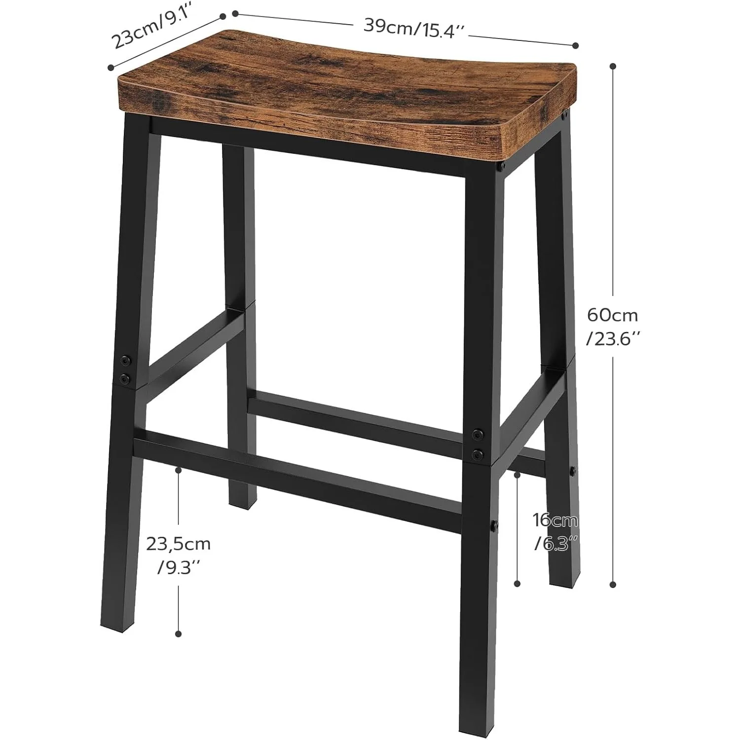 Bar Stools, Set of 2 Bar Chairs, 23.6 Inch Saddle Stools, Kitchen Counter Stools with Footrests, Rustic Brown & Black