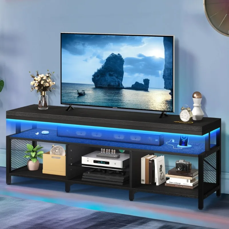 

LED TV Stands w/Power Outlets, Industrial TV Stand for 55/60/65/70 inch, Entertainment Center TV Cabinet for Living Room