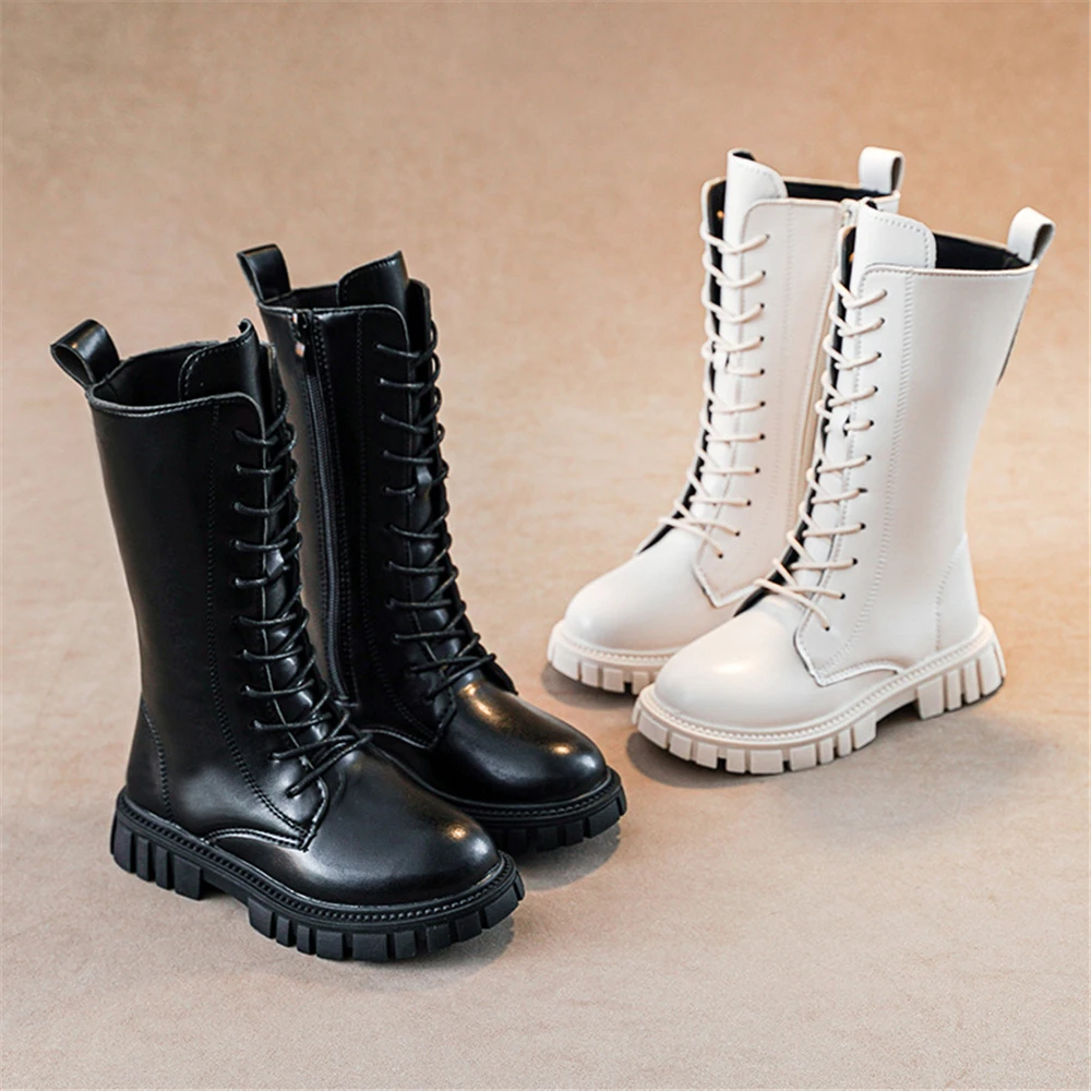 Fashion Girls Black White Tall Lace Up Boots Chunky Lug Sole Mid Calf Combat Shoes Winter Warm Boots Birthday Party School Wear
