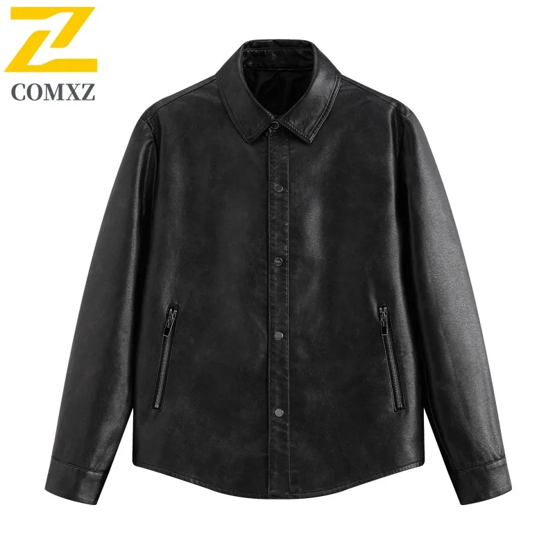 

COMXZ весенне-осенняя кожаная куртка с квадратным вырезом для мужчин, модная кожаная куртка в американском стиле ретро, модная куртка из искусственной кожи