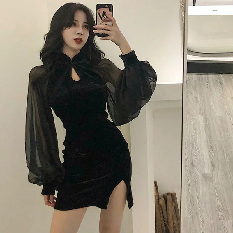 Robe coréenne en velours pour femmes, fendue sur le côté, manches lanternes, coupe cintrée, manches longues, col Mandarin, Mini robe Y2k, printemps été