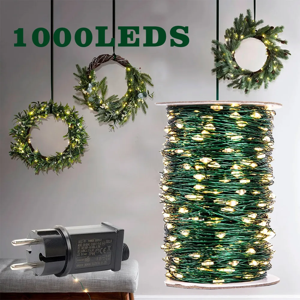 Green Cable 100 LED Waterproof String Lights 10m Christmas Fairy Lights Outdoor Tree Garland Christmas Holiday Party Decorration