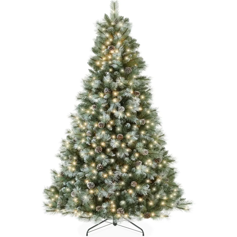 Pre-Lit Scotch Pine Christmas Tree, Premium Frosted Pre-Decorated Artificial Holiday Decor w/ 2,020 Branch Tips, 2-in-1 White