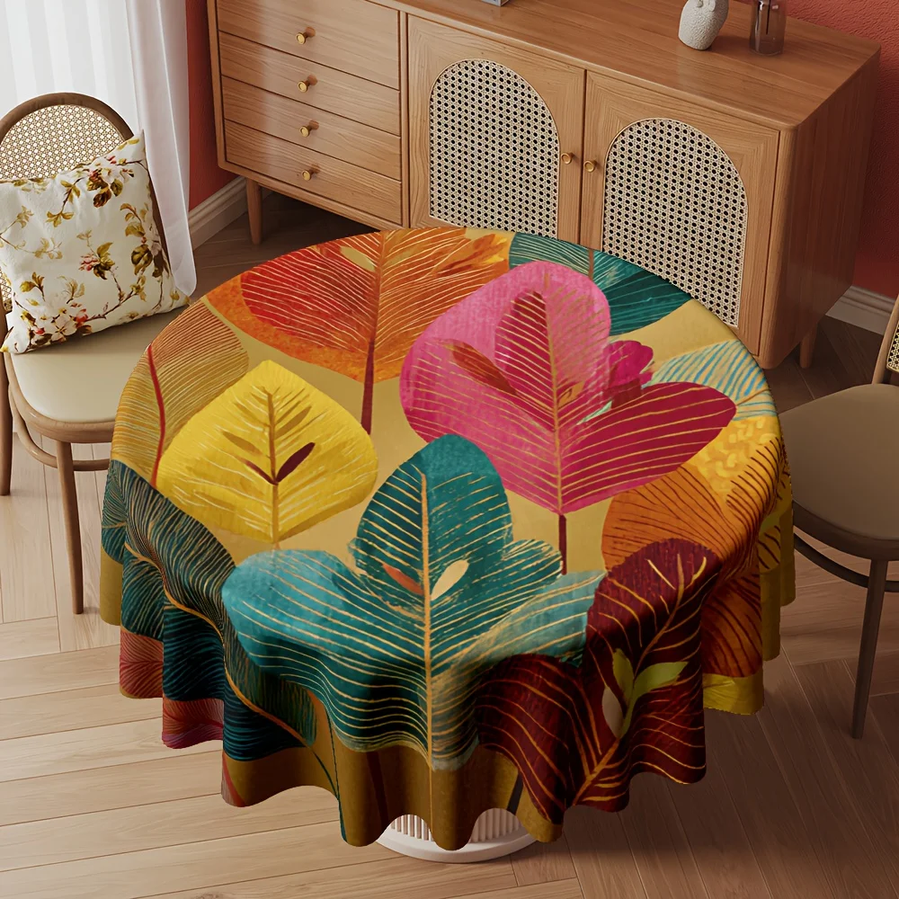 Tablecloth Featuring a Vibrant Feather Botanical Pattern Digitally Printed Measuring 60 Inches in Diameter Suitable for Home