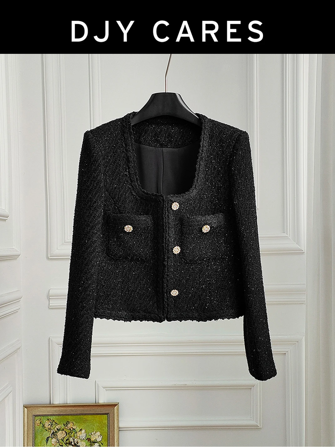 

New Exquisite fashionable woolen black versatile coat with coarse tweed, temperament top big size