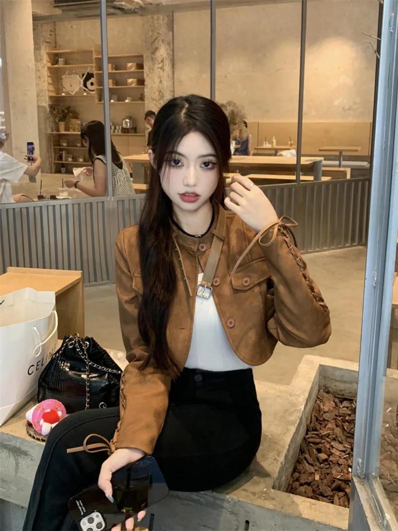 Chuanxi Travel Vintage Brown PU Leather Jaet Long Sve ort Motorcycle Sle Women's Top round Ne Button Closure