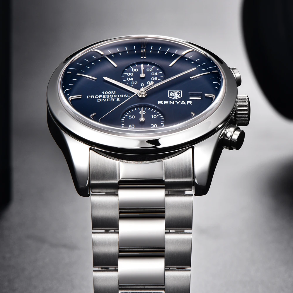 BENYAR-reloj analógico de acero inoxidable para hombre, accesorio de pulsera de cuarzo resistente al agua con cronógrafo, complemento masculino
