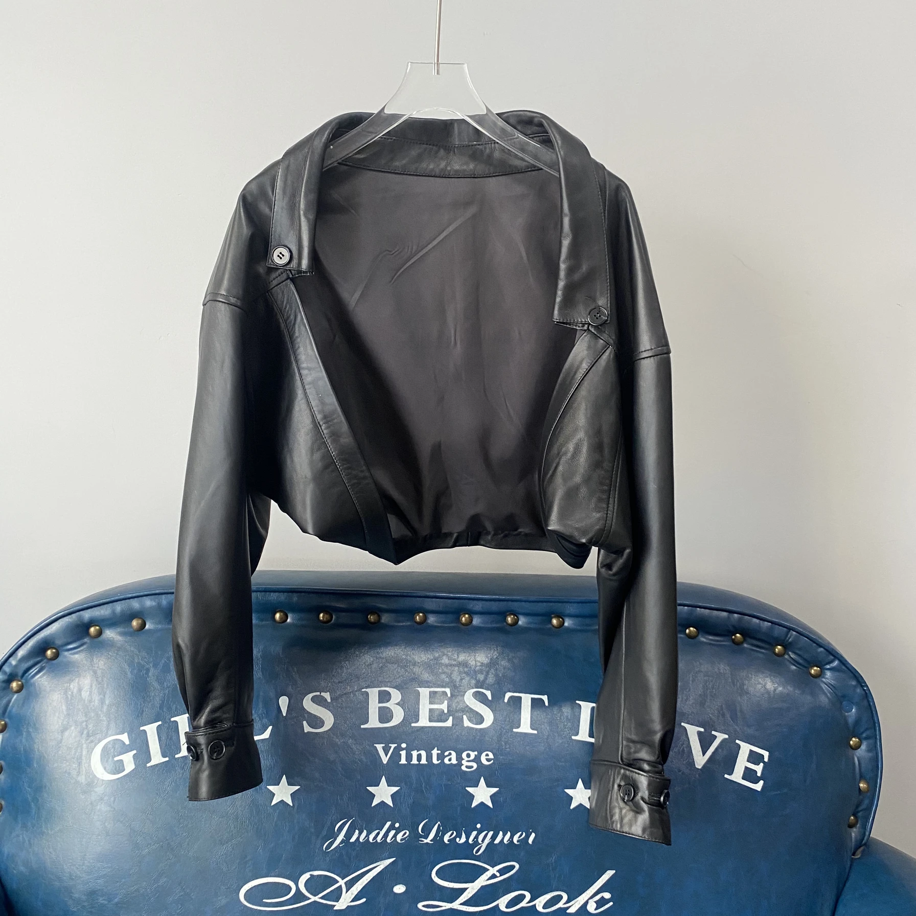 Jaet de cuero para mujer Long Sve oulder Wrap motocicleta ort abrigo Ultra ort Biker Jaet Bla Sli abrigo casual