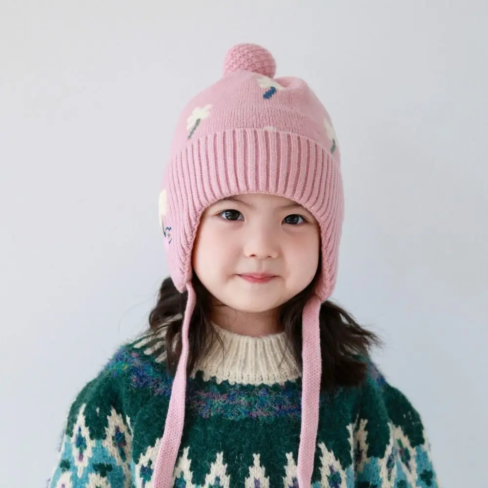 

Fleece Lining Winter Baby Crochet Hat Windproof Lace-up Toddler's Knitted Cap Thermal Thickened Ear Protection Hat