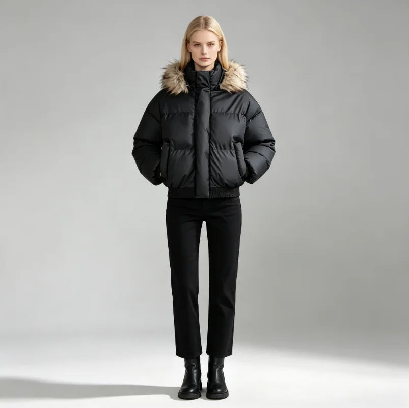 Short Puffer Jacket for Women with Faux Fur Trim Hood Thick Winter Padded Coat High Stand Collar Warm Loose Fit Casual Outerwear