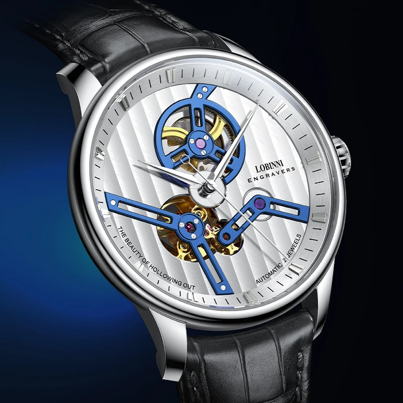 LOBINNI Mens Automatic Watches 41mm Mechanical Wristwatch Skeleton Dial 50M Waterproof Sapphire Butterfly Clasp ST16