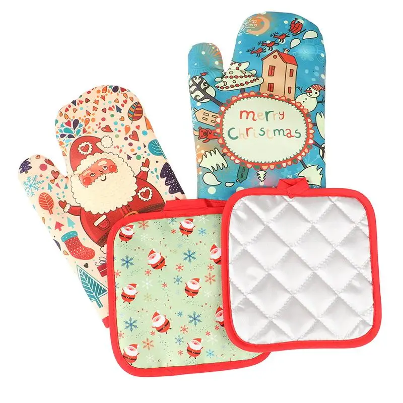 Christmas Oven Gloves Pot Holders Set Santa Claus Snowflake Candy Pattern Insulated Oven Mitts Home Kitchen Christmas Decoration
