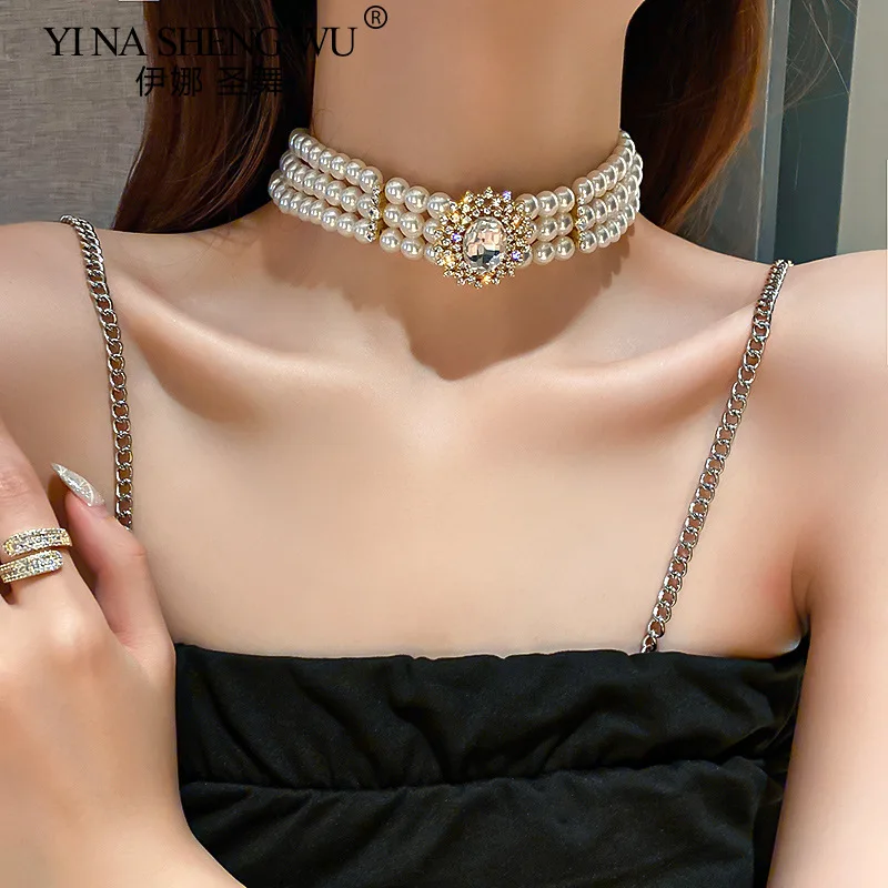 Multilayered Pearl Diamond Necklace for Women Exaggerated Short Atmospheric Elegant Jewelry Necklace Wedding Birthday Party Gift